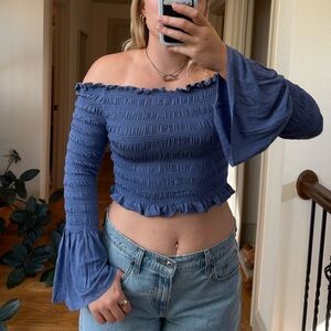 NWT Urban Outfitters off the shoulder blue smocked cropped shirt